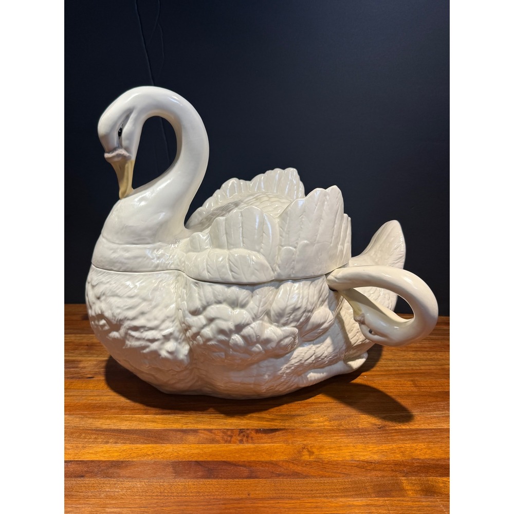 Vintage White Ceramic Swan Soup Tureen with Matching Swan Ladle Centerpiece